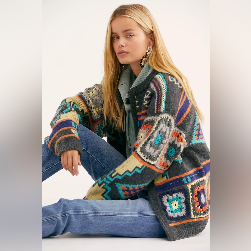 Free People Santa Rosa Square Knit Slouchy Crochet Aztec Cardigan Sweater